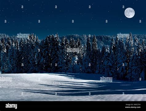 Snowy Winter Landscape With Full Moon Stock Photo Alamy