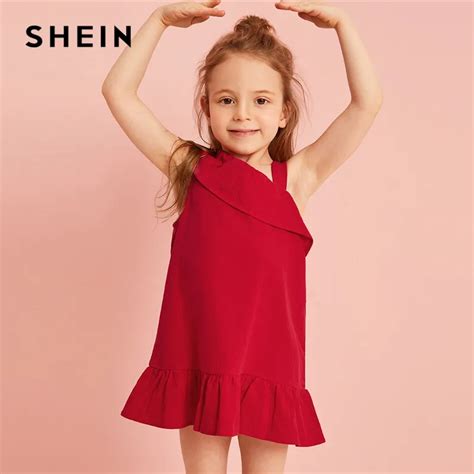 Shein Kiddie Toddler Girls Red Asymmetrical Neck Ruffle Hem Cute Dress