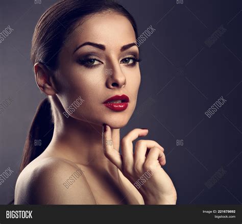 Sexy Sensual Woman With Short Bob Hair Style With Closed Eyes Red