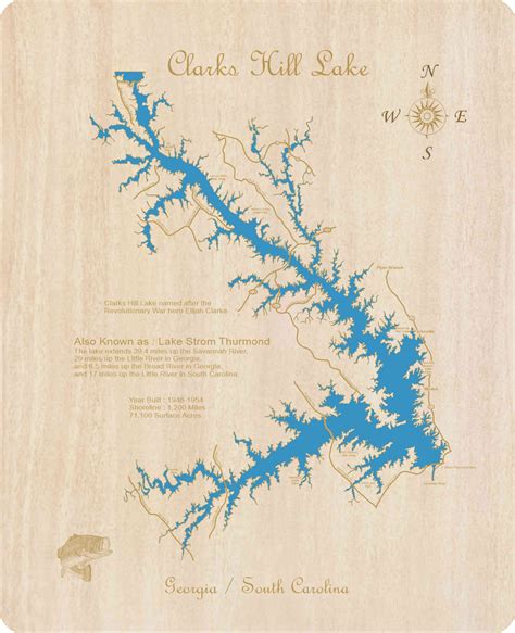 Clarks Hill Lake Georgia And South Carolina Laser Cut Wood Map