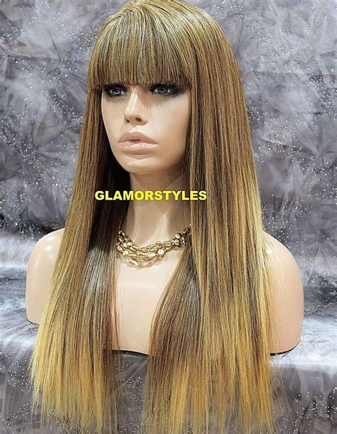 Human Hair Blend Straight Layered W Bangs Blonde Mix Full Wig Hair