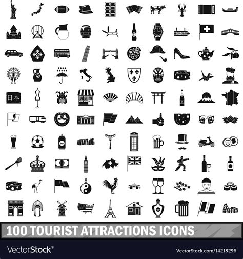 100 Tourist Attractions Icons Set Simple Style Vector Image