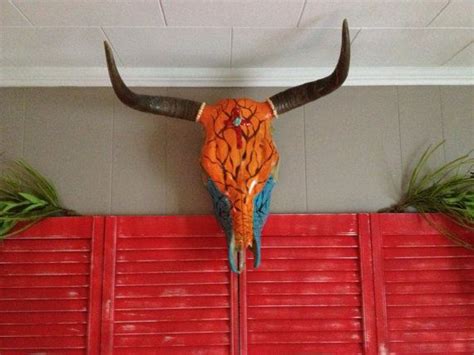 Tribal Indian Painted Cow Skull Red Cross By Funkyartbymindi 23500