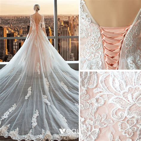 Modern Fashion Pearl Pink Wedding Dresses 2018 A Line Princess