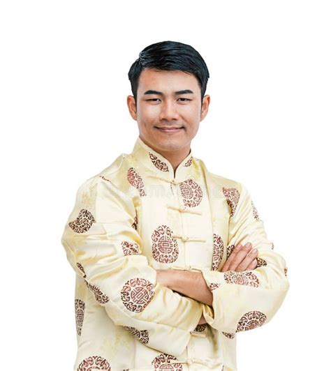 Happy Chinese Man In Traditional Isolated Background Stock Photo
