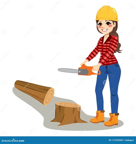 Woman Chainsaw Cutting Tree Wood Stock Vector Illustration Of