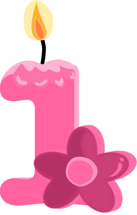 Pink one 1 number happy birthday candle and flower PNG illustration