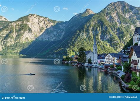 Famous Hallstatt Mountain Village And Hallstaetter Lake Austria Stock