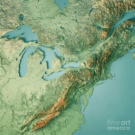 North East Region Usa 3d Render Topographic Map Color Digital Art By