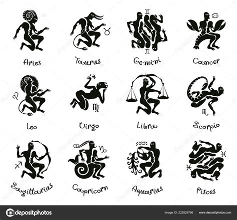 Vector Set Twelve Zodiac Signs Human Figures Antique Style Inscriptions