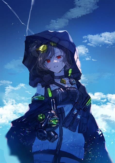 safebooru 1girl breasts choker clouds cloudy sky commission double bun gas mask girls