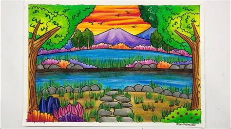 Cara menggambar dan mewarnai gradasi pemandangan SUNGAI