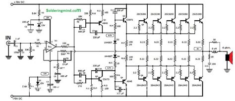 Here in this circuit we can see that they used 8 capacitors, this capacitor values will be 100 voltage 10000 uf. 1000 watts audio amplifier circuit - Amplifier Circuits - Soldering Mind