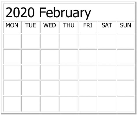Blank February 2020 Calendar Excel Word Template Latest Printable