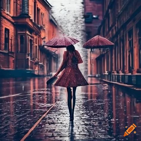 Woman Walking In The Rain On A Street On Craiyon
