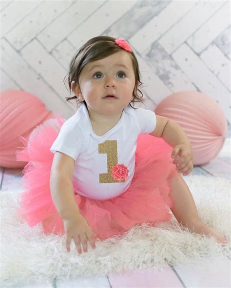 Coral And Gold Baby Girls First Birthday Outfit Shabby Chic Bodysuit
