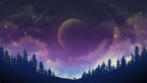 Night Sky Moon Forest Scenery K F Wallpaper PC Desktop