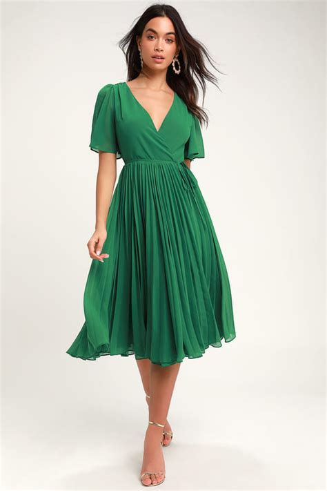 Pleats To Meet You Green Pleated Midi Wrap Dress Pleated Midi Dress