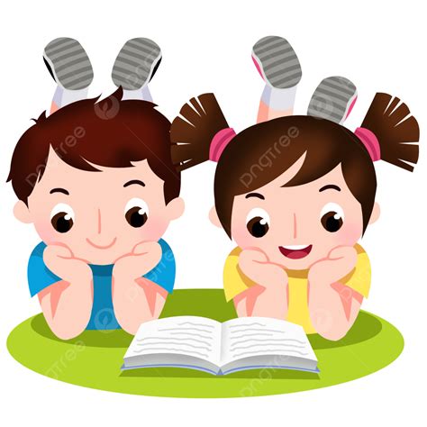 รูปการ์ตูนเด็กผู้ชายและเด็กผู้หญิงกำลังอ่านหนังสือด้วยกัน Png การ์ตูน