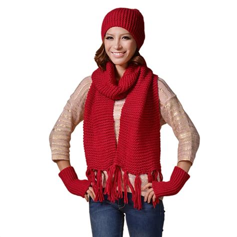 Women Fashion Twist Stripes Scarf Hat Gloves Set Three Piece Winter Warm Set Female Hats Scarves