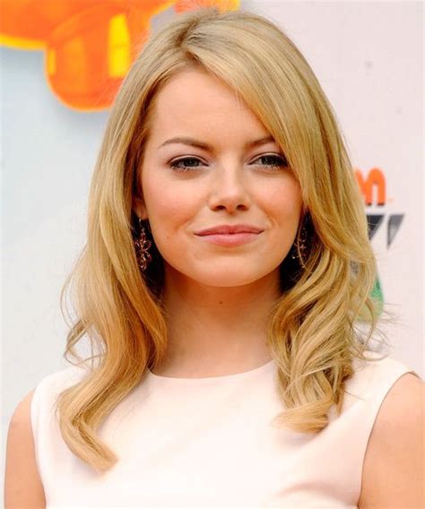 Emma Stone Long Wavy Golden Blonde Hairstyle With Side Swept Bangs Blonde Hair Pictures Hair