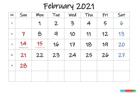 February 2021 Free Printable Calendar With Holidays Template K21m590