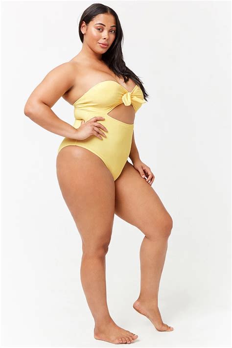 Forever 21 Swimwear 2018 Plus Size Strapless Cutout One Piece Swimsuit In Yellow Curvy Wordy