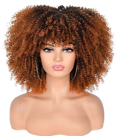 Buy Annivia 14inch Afro Kinky Curly Wig With Bangs For Black Women Ombre Brown No Glue Full And