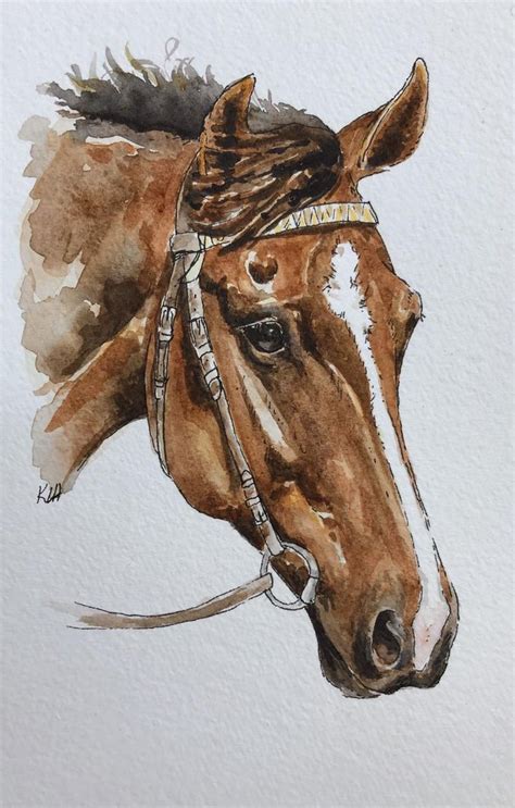 A Watercolor Painting Of A Horse Wearing A Bridle