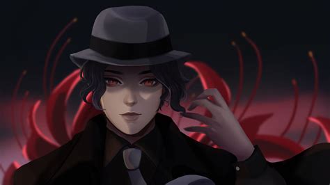 Demon Slayer Muzan Kibutsuji With Red Eyes And Hat With Background Of