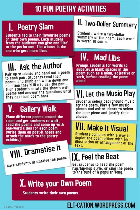 A multiple choice quiz after reading is a quick and easy way to check student comprehension, but it doesn't allow you to assess deeper understanding and it certainly isn't fun or creative. POETRY IN THE CLASSROOM: 10 FUN ACTIVITIES | Poetry ...