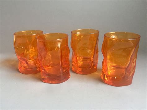 Modernist Orange Glassware Retro Drinking Glasses Pinched Glass Barware Short Tumblers