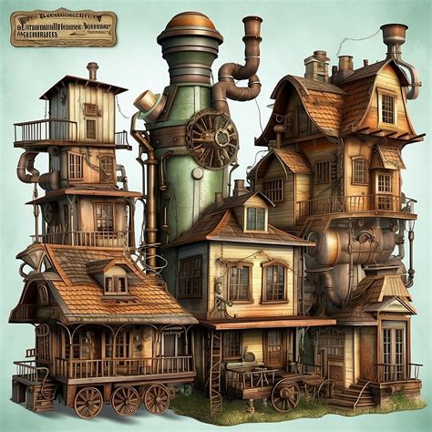 Steampunk Houses Clipart 15 High Qualtity Pngs Digital Etsyde