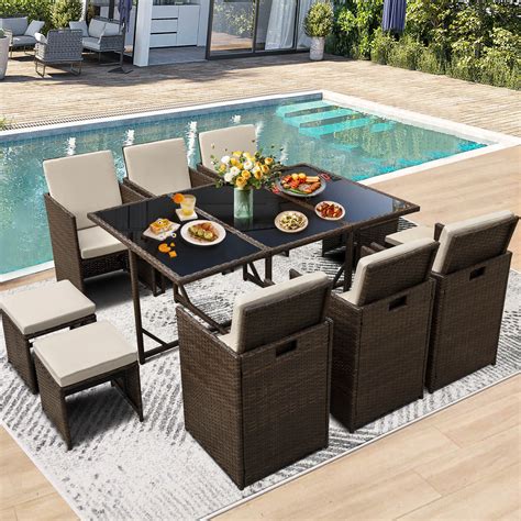 11 Pcs Outdoor Sectional Dining Set With Ottoman And Cushion Noblemood