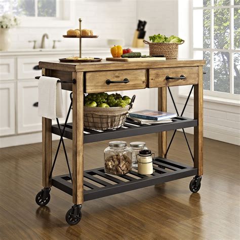 Rustic kitchen cabinets are not heavily ornamented but puts emphasis on layering of textures and a good way to achieve such is by carving kitchen cabinet doors with small decorative details. Roots Rack Rustic Kitchen Cart