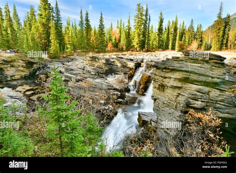 Athabasca Falls In Autumn Jasper National Park Alberta Canada Stock