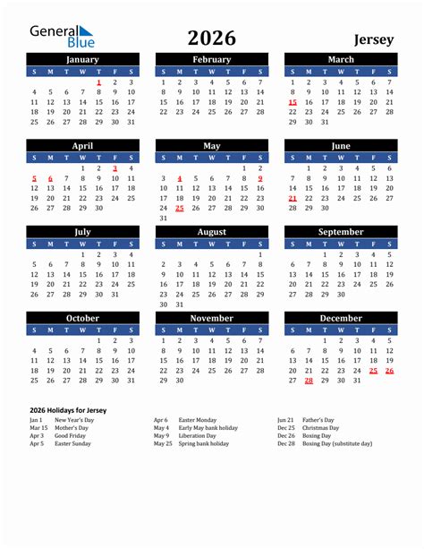 2026 Jersey Holiday Calendar