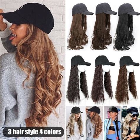 2 Style Baseball Hat Hair Extensions Cap Wig Full Wigs 22inch Hair Piece Long Curly Wavy