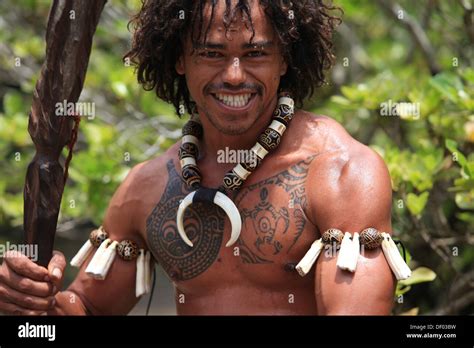 Tattooed Man Performing A War Dance Ua Pou Marquesas Islands French