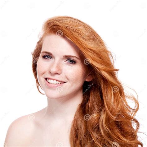 Beautiful Young Redhead Woman With Freckles Portrait Stock Photo