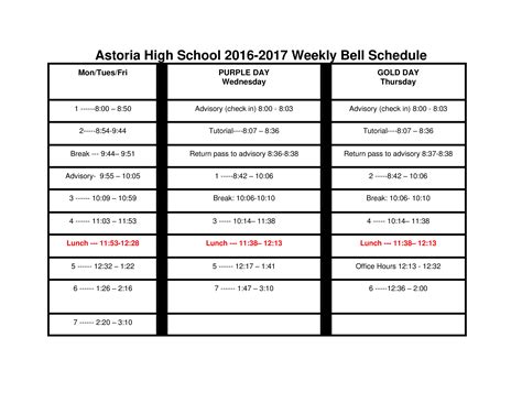 Weekly School Schedule Example Templates At