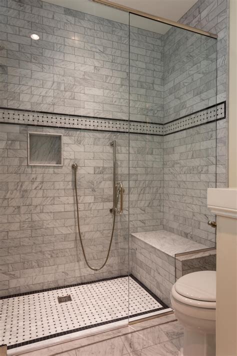 Gray Marble Walk-In Shower With Check Floor | Marble bathroom designs