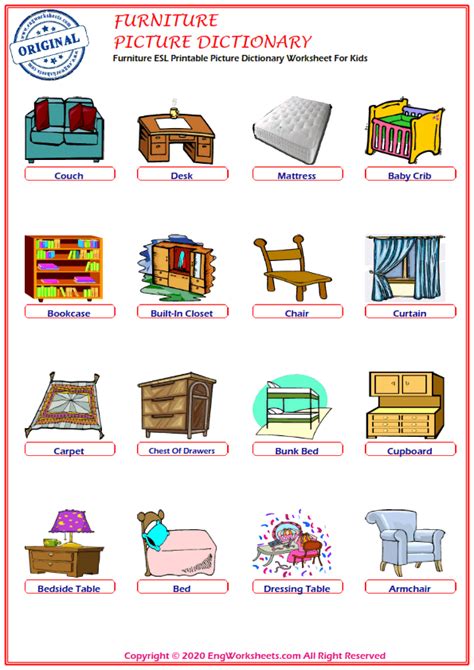 Furniture Printable English Esl Vocabulary Worksheets 1 Engworksheets