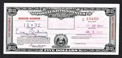 Us Postal Savings System Certificate Series Of 1939