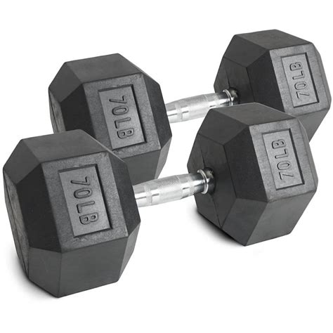 Pair Of 70 Lb Black Rubber Coated Hex Dumbbells Weight Training Set