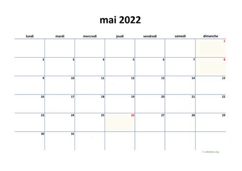 Calendrier Mai 2022