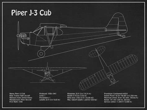Piper J 3 Cub Airplane Blueprint Drawing Plans Schematics Pd Digital