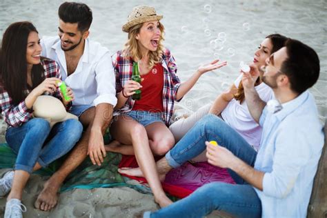 Happy People Drinking And Having Fun At Beach Stock Image Image Of