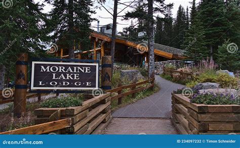 Front View Of Entrance Of Famous Moraine Lake Lodge In Banff National