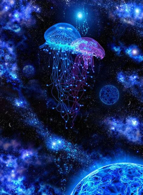An Image Of Jellyfish In Space With Om Sign On The Bottom And Other